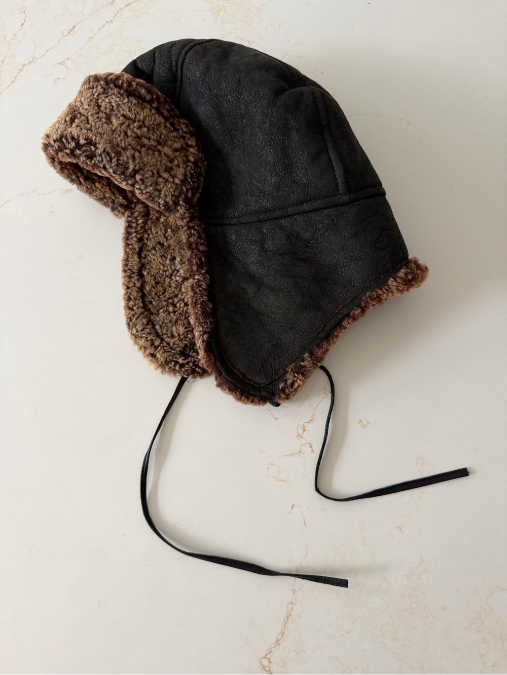 Hide Society Made in Canada Black Trapper Hat with Brown Shearling Trim